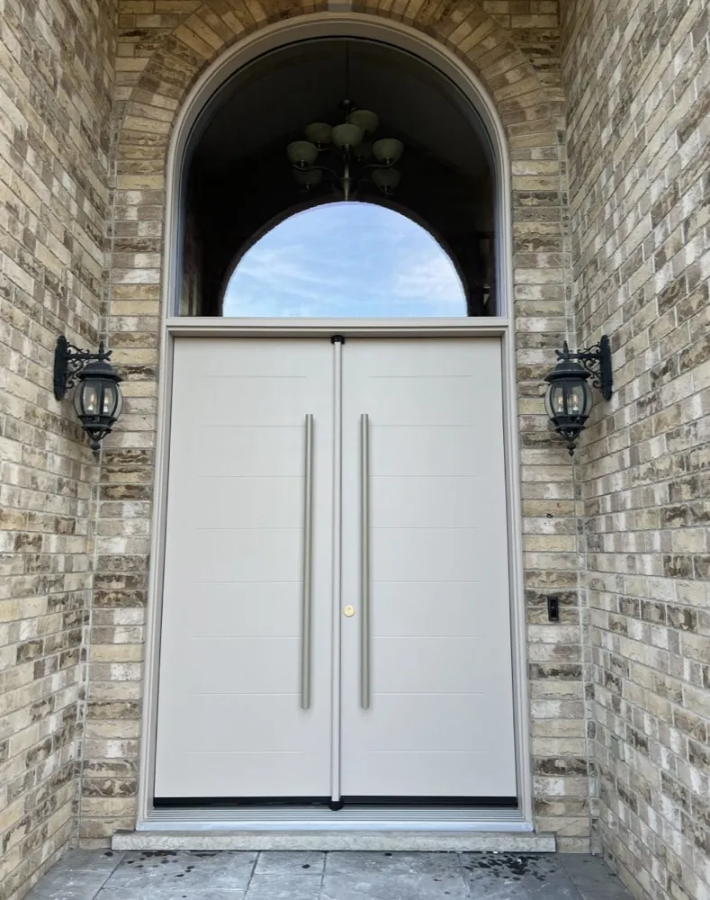 Modern double entry door with arched transom, North York