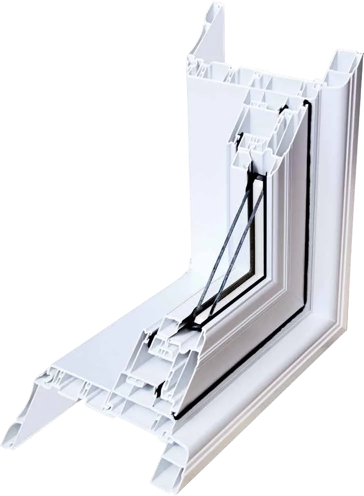 Cutaway corner of a Vinyl-Pro window showing the multi-chamber uPVC frame and triple-glazed sealed unit